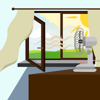 Illustration eines offenen Fensters, draußen ist die SOnne zu sehen, innen steht ein Ventilator, der warme Luft nach außen pustet