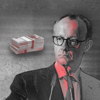 Der angehende Bundeskanzler Friedrich Merz und ein Bündel Geldscheine, das das Sondervermögen symbolisiert