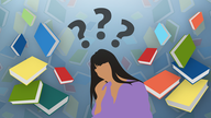 Graphische Abbildung einer Frau, die über Bücher nachdenkt 