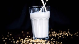 Ein Glas Haferdrink mit Haferflocken außenrum