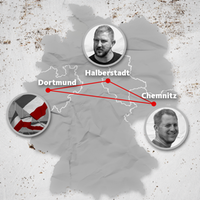 Deutschlandkarte, auf der Fotos von Menschen und Verbindungslinien zwischen Dortmund, Halberstadt und Chemnitz zu sehen sind