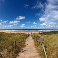 Ein Weg der zum Strand an der Nordseeküste führt. An den Seiten befinden sich Wiesen und Hügel, die Sonne scheint und es befinden sich ein paar Wolken im blauen Himmel.