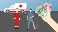 Grafik: Ein Rettungswagen, ein Sanitäter, eine Person mit einem verletzten Fuß und eine Hand, die Geldscheinen festhält