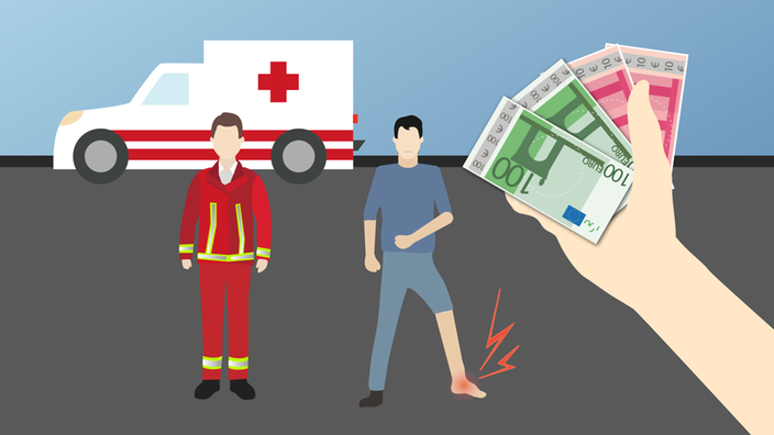 Grafik: Ein Rettungswagen, ein Sanitäter, eine Person mit einem verletzten Fuß und eine Hand, die Geldscheinen festhält