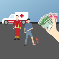 Grafik: Ein Rettungswagen, ein Sanitäter, eine Person mit einem verletzten Fuß und eine Hand, die Geldscheinen festhält