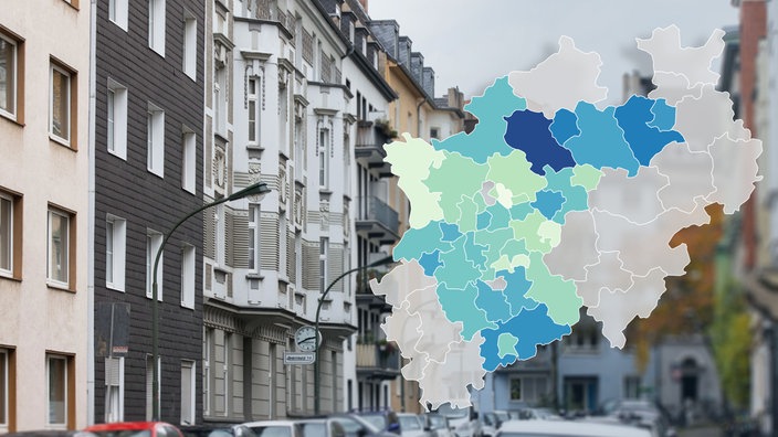 Illustration: eine NRW Karte mit unterschiedlich gefärbten Regionen 