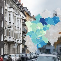 Illustration: eine NRW Karte mit unterschiedlich gefärbten Regionen 