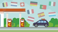 Karikatur von einem Auto an einer Tankstelle