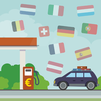 Karikatur von einem Auto an einer Tankstelle