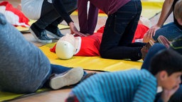 Symbolbild: Schülerinnen und Schüler üben lebensrettende Maßnahmen an Übungspuppen