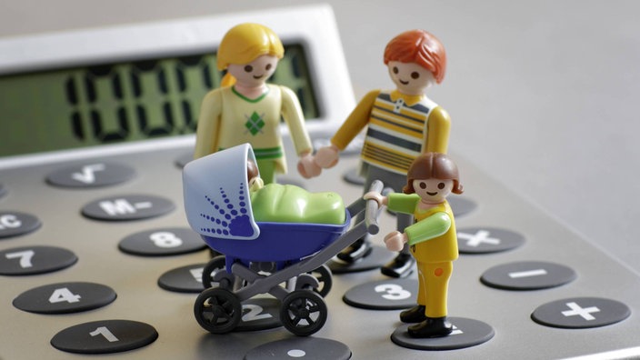 Eine vierköpfige Playmobilfamilie steht auf einem Taschenrechner