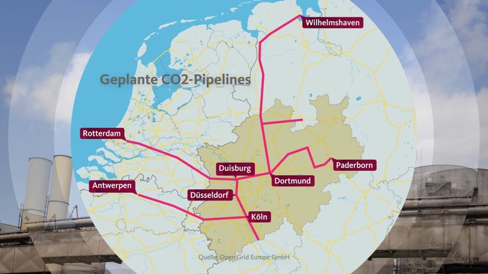 Der geplante Verlauf der CO2-Pipelines auf einer Karte visualisiert.