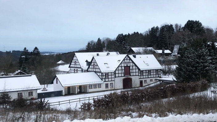 Verschneite Dächer und Baumkronen in Kronenburg