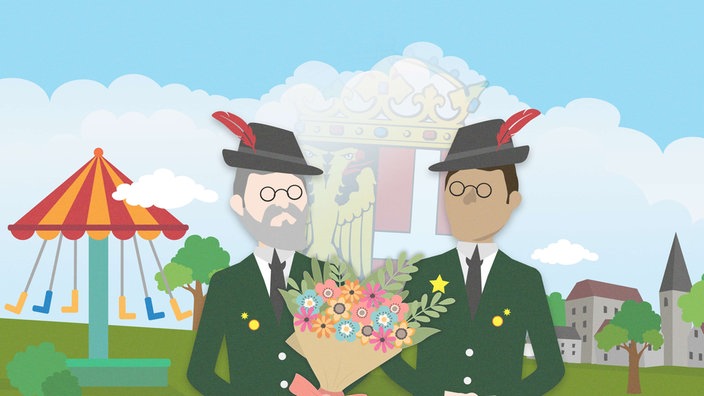 Illustration: Zwei Männer auf dem Schützenfest mit einem Blumenstrauß und Uniform 