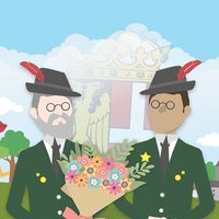 Illustration: Zwei Männer auf dem Schützenfest mit einem Blumenstrauß und Uniform 