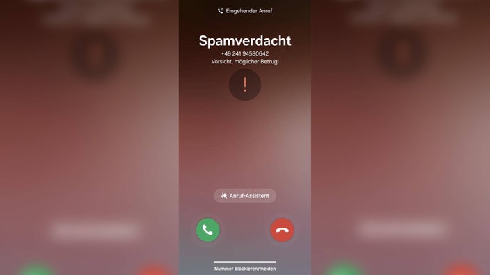 Screenshot von einem Anruf mit Spamverdacht