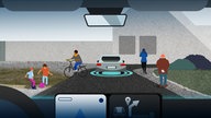 Illustration: Perspektive aus einem fahrenden Auto auf eine Straße mit vorrausfahrendem Auto, ballspielenden Kindern und Fahrradfahrer links, rechts ein älterer Mann und eine Joggerin.