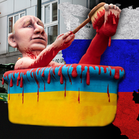 Eine Skulptur zeigt von Künstler Jacques Tilly zeigt Putin, der in Blut badet