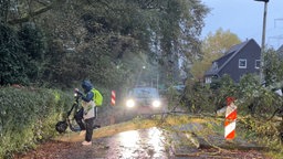 Eine Fahrerin hebt ihren E-Scooter über einen umgekippten Baum. Ein Auto bleibt vor diesem stehen.