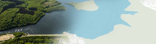 Luftaufnahme der Rurtalsperre überlagert mit einer Landkarten-Ansicht