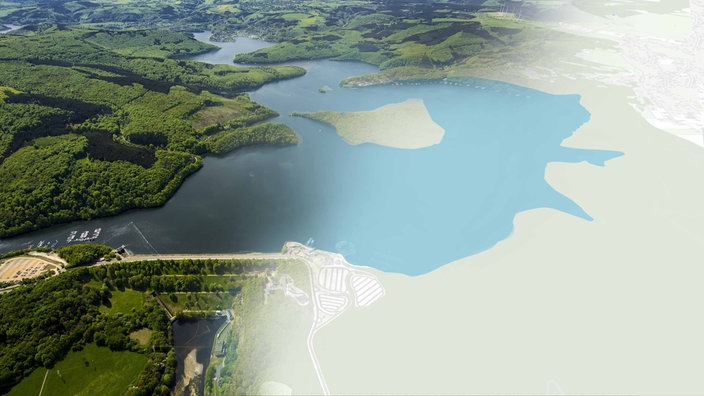 Luftaufnahme der Rurtalsperre überlagert mit einer Landkarten-Ansicht