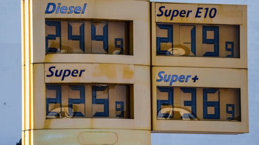 Gelbe Tanksäule mit Preise für verschiedene Kraftstoffe