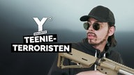 Jugendlicher mit Sonnenbrille und Waffe in der Hand, dazu Text: Y-Kollektiv: Teenie-Terroristen
