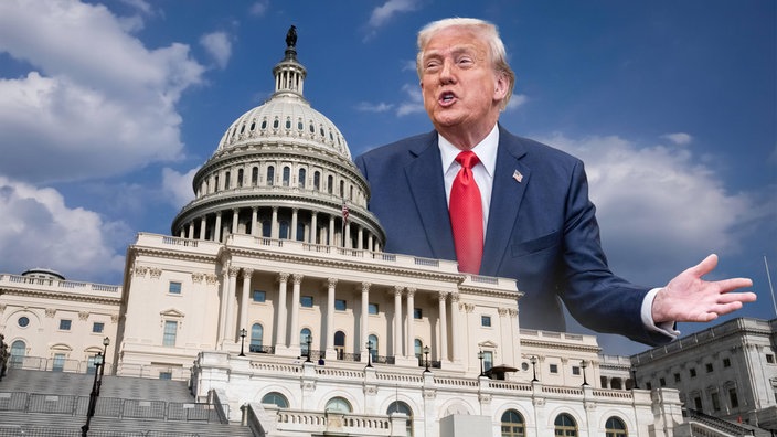 Collage aus dem US-Präsidenten Donald Trump und dem Kapitol in Washington, D.C.