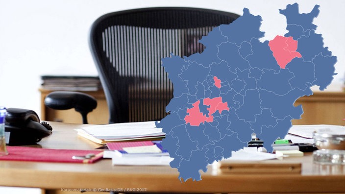 Montage: NRW-Karte vor Bild eines Bürostuhls