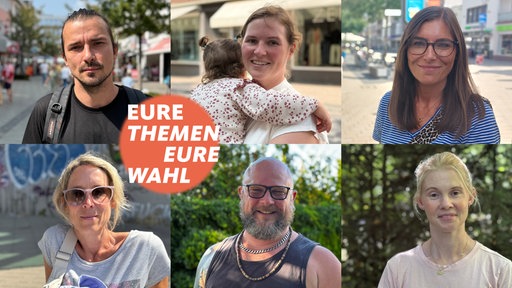 Collage von sechs Menschen, die in die Kamera gucken, und einem Logo mit der Schrift "Eure Themen, Eure Wahl"