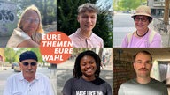 Collage von sechs Menschen, die in die Kamera gucken, und einem Logo mit der Schrift "Eure Themen, Eure Wahl"