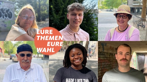 Collage von sechs Menschen, die in die Kamera gucken, und einem Logo mit der Schrift "Eure Themen, Eure Wahl"