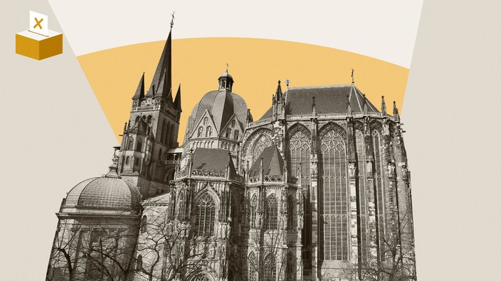 Montage: Grafik mit Wahlurne und Foto vom Kölner Dom