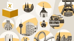 Montage: Grafik mit Wahlurne und Fotos aus den Regionen NRWs