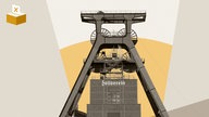 Montage: Grafik mit Wahlurne und Foto vom der Essener Zeche Zollverein
