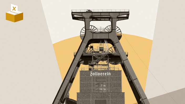 Montage: Grafik mit Wahlurne und Foto vom der Essener Zeche Zollverein