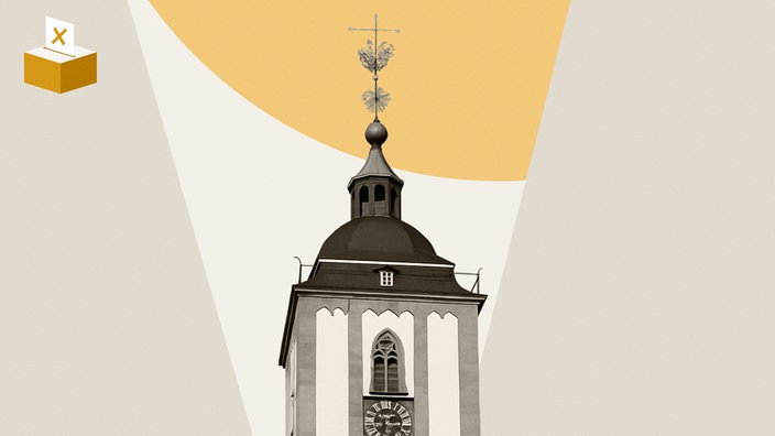 Montage: Grafik mit Wahlurne und Foto von der Siegener Nikolaikirche