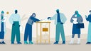 Grafik mit Personen, die Zettel in eine Wahlurne werfen