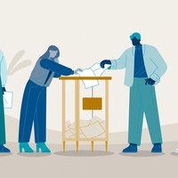 Grafik mit Personen, die Zettel in eine Wahlurne werfen