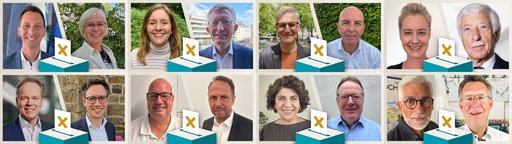 Collage mit Bildern von insgesamt 32 Kandidatinnen und Kandidaten für die Stichwahlen zur Kommunalwahl 2025 in NRW