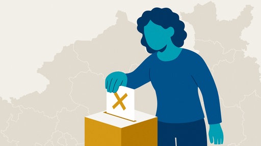 Grafik: Eine Person steckt einen Zettel in eine Wahlurne