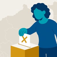 Grafik: Eine Person steckt einen Zettel in eine Wahlurne