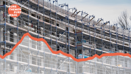 Baustelle eines Wohnblocks, im Vordergrund der Verlauf eines Liniendiagramms