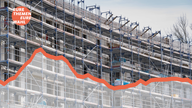 Baustelle eines Wohnblocks, im Vordergrund der Verlauf eines Liniendiagramms