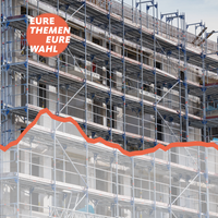 Baustelle eines Wohnblocks, im Vordergrund der Verlauf eines Liniendiagramms