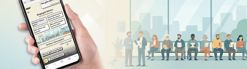 Illustration/Montage: Hand mit Handy im Display die Seite von 'Was geht mich das an- Bürgergeld'