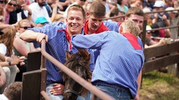 Mehrere Männer halten ein Wildpferd fest