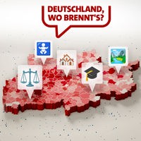 Illustration von einer NRW-Karte mit Symbolen für verschiedene Themen