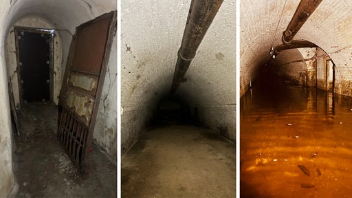 Eine Collage mit drei Bildern. Links: Eingang des Bunkers, daneben eine ausgehangene, verrostete Tür. Mitte: Langer dunkler Tunnel, das Ende verschwindet in der Dunkelheit. Rechts: Wie Mitte, auf dem Boden ist eine bräunliche Flüssigkeit.