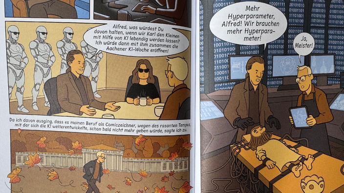 Ein Wissenschaftler und ein Comiczeichner diskutieren am Labortisch